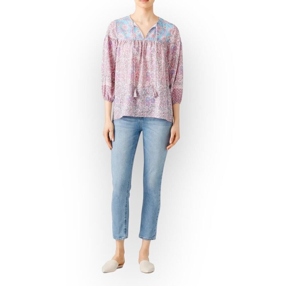 Shoshanna Solado Blouse Women's Xs Pink Blue Floral 3/4 Sleeves Split V-Neck